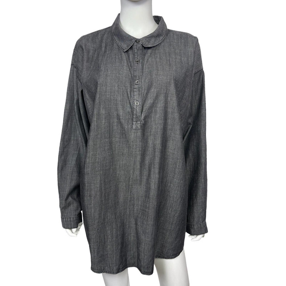 Eileen Fisher Women's 2X Gray Black Chambray Buttoned Relaxed Tunic Blouse EUC